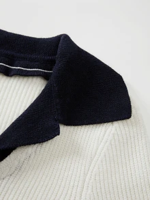 SHEIN Colorblock Polo Collar Knit Top, White Black Contrast VNeck Ribbed Long Sleeve Slim Fit Simple Elegant Women's Pullover - White - View 3