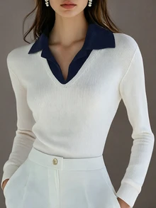 SHEIN Colorblock Polo Collar Knit Top, White Black Contrast VNeck Ribbed Long Sleeve Slim Fit Simple Elegant Women's Pullover - White - View 7