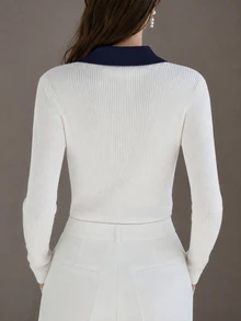 SHEIN Colorblock Polo Collar Knit Top, White Black Contrast VNeck Ribbed Long Sleeve Slim Fit Simple Elegant Women's Pullover - White - View 2