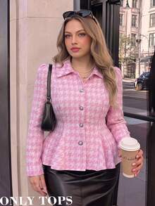 SHEIN MOD Plus Size Pink Houndstooth Lapel Blazer, Slim Fit Flared Hem Casual College Style For Girls, Rich Girl Aesthetic - Pink - View 8