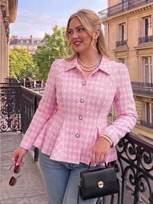 SHEIN MOD Plus Size Pink Houndstooth Lapel Blazer, Slim Fit Flared Hem Casual College Style For Girls, Rich Girl Aesthetic - Pink - View 1