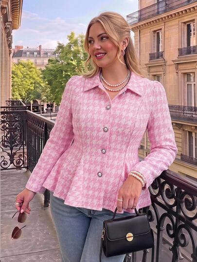 SHEIN MOD Plus Size Pink Houndstooth Lapel Blazer, Slim Fit Flared Hem Casual College Style For Girls, Rich Girl Aesthetic