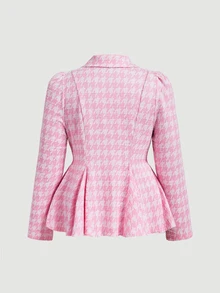SHEIN MOD Plus Size Pink Houndstooth Lapel Blazer, Slim Fit Flared Hem Casual College Style For Girls, Rich Girl Aesthetic - Pink - View 2