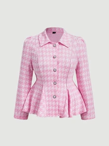 SHEIN MOD Plus Size Pink Houndstooth Lapel Blazer, Slim Fit Flared Hem Casual College Style For Girls, Rich Girl Aesthetic - Pink - View 3
