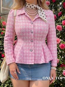 SHEIN MOD Plus Size Pink Houndstooth Lapel Blazer, Slim Fit Flared Hem Casual College Style For Girls, Rich Girl Aesthetic - Pink - View 6