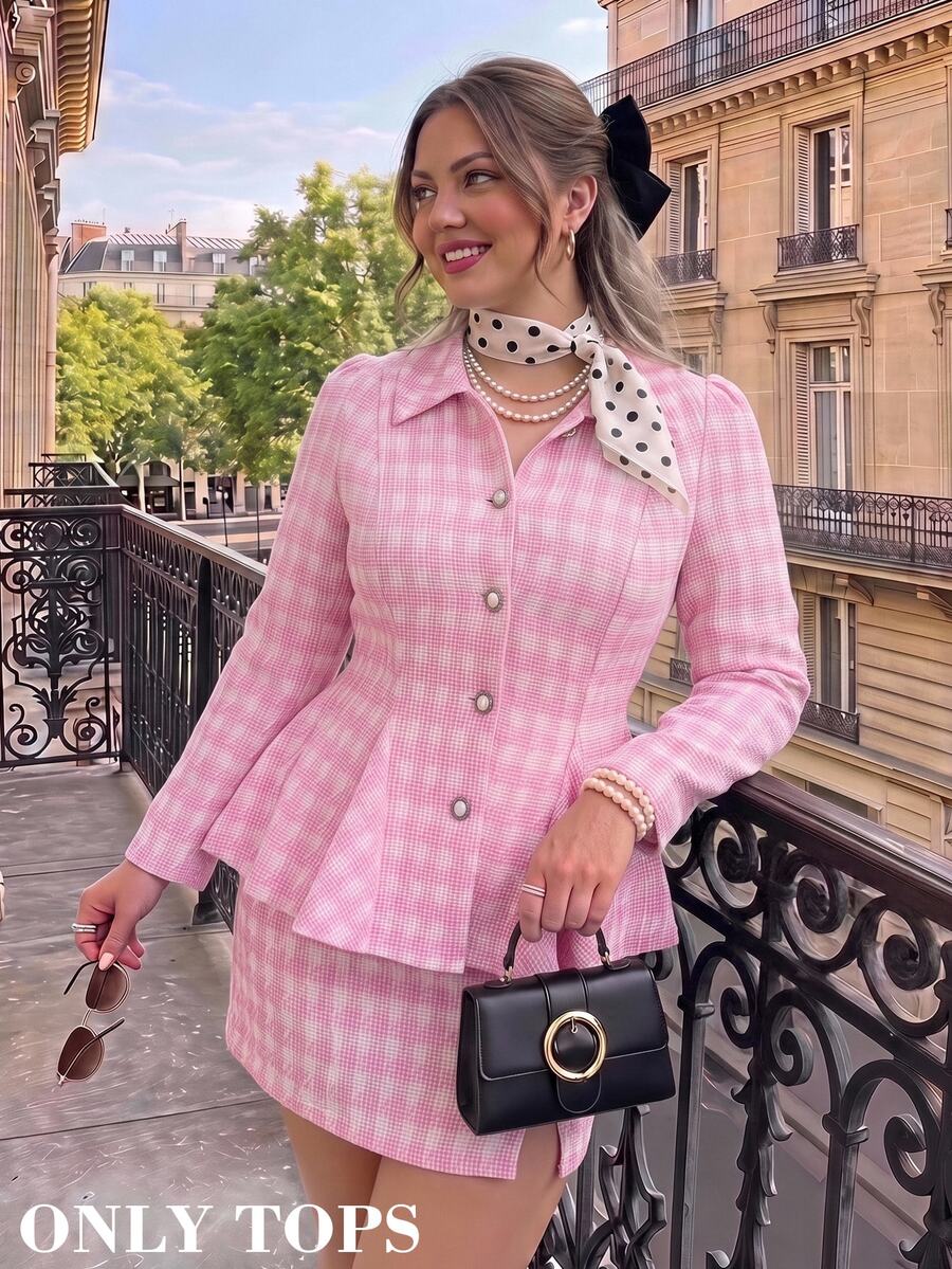 SHEIN MOD Plus Size Pink Houndstooth Lapel Blazer, Slim Fit Flared Hem Casual College Style For Girls, Rich Girl Aesthetic - Pink - View 1