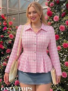 SHEIN MOD Plus Size Pink Houndstooth Lapel Blazer, Slim Fit Flared Hem Casual College Style For Girls, Rich Girl Aesthetic - Pink - View 10