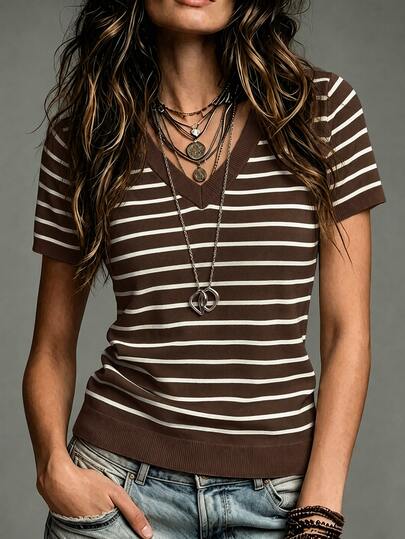 SHEIN Women's Brown Stripe Knit T-Shirt, Elastic Digital Print Short Sleeve V-Neck Regular Fit Casual 70s Home Daily Wear Summer Autumn Everyday Weekend