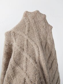 SHEIN Fall Winter Mead Tone Oat Cable Knit Half Zip Collar Straight Mini Sweater Dress - Khaki - View 6