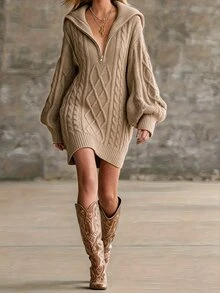 SHEIN Fall Winter Mead Tone Oat Cable Knit Half Zip Collar Straight Mini Sweater Dress - Khaki - View 3