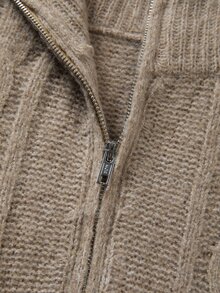 SHEIN Fall Winter Mead Tone Oat Cable Knit Half Zip Collar Straight Mini Sweater Dress - Khaki - View 5