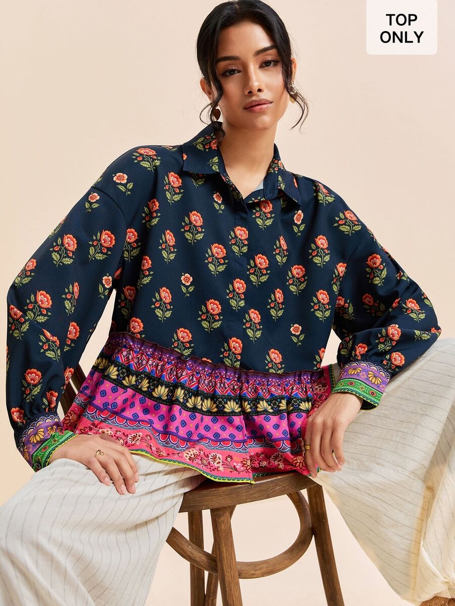 LOTSLUV Blus Wanita Elegan Gaya Boho Musim Gugur, Serbaguna, Berwarna Biru Tua dengan Motif Bunga Mawar Kecil, Kerah Kemeja, Lengan Panjang, dan Hem Bergelombang. - Hitam - View 1