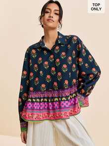 LOTSLUV Blus Wanita Elegan Gaya Boho Musim Gugur, Serbaguna, Berwarna Biru Tua dengan Motif Bunga Mawar Kecil, Kerah Kemeja, Lengan Panjang, dan Hem Bergelombang. - Hitam - View 3