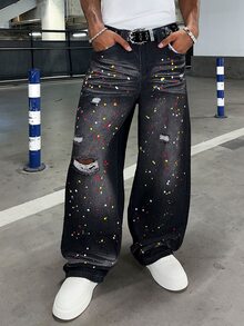 STEELVANCE All Season American Street Style Unisex Splatter Paint Denim Jeans - Black - View 6