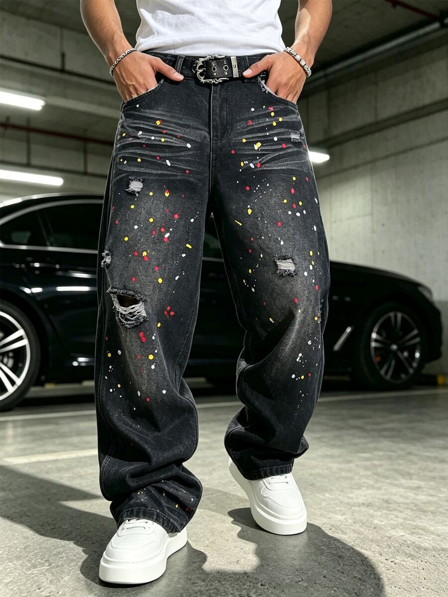 STEELVANCE All Season American Street Style Unisex Splatter Paint Denim Jeans - Black - View 1