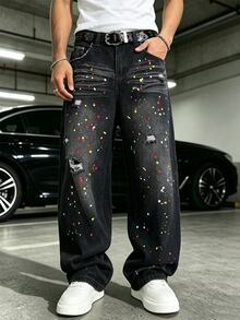 STEELVANCE All Season American Street Style Unisex Splatter Paint Denim Jeans - Black - View 3