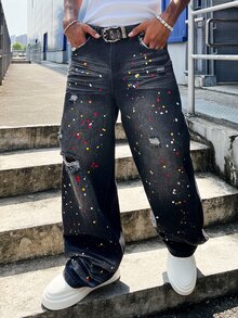 STEELVANCE All Season American Street Style Unisex Splatter Paint Denim Jeans - Black - View 8