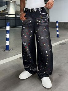 STEELVANCE All Season American Street Style Unisex Splatter Paint Denim Jeans - Black - View 5