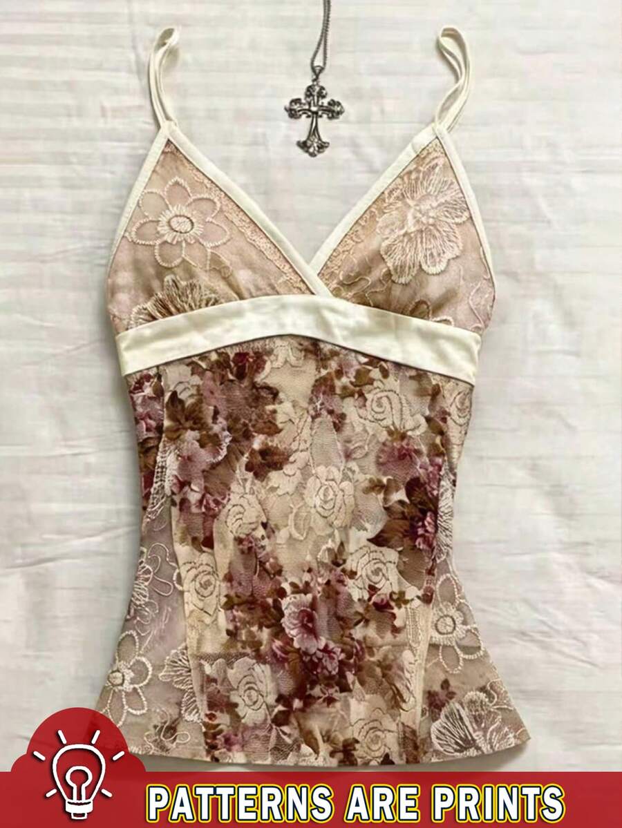 IslaSuriya Women's Vacation Embroidery Floral Print Camisole Tank Top For Dating Night Out Everyday Beige Summer Y2k Vintage - Multicolor - View 1
