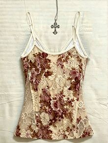 IslaSuriya Women's Vacation Embroidery Floral Print Camisole Tank Top For Dating Night Out Everyday Beige Summer Y2k Vintage - Multicolor - View 2