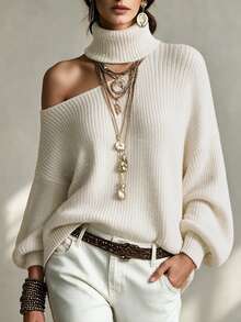 SHEIN New Fall Refined Asymmetrical Cutout Turtleneck Sweater Women Waffle Knit Drop Shoulder Balloon Cuff S - Beige - View 1