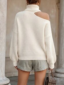 SHEIN New Fall Refined Asymmetrical Cutout Turtleneck Sweater Women Waffle Knit Drop Shoulder Balloon Cuff S - Beige - View 3