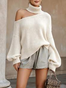 SHEIN New Fall Refined Asymmetrical Cutout Turtleneck Sweater Women Waffle Knit Drop Shoulder Balloon Cuff S - Beige - View 4