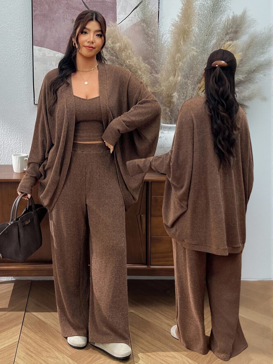 Lounesse Plus Size Casual Baggy Solid Color Camisole Top, Loose Long Pants And Long Sleeve Knit Cardigan 3 Pieces Set Autumn Formal Home Wear Vacation Brown