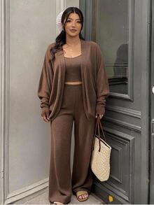 Lounesse Plus Size Casual Baggy Solid Color Camisole Top, Loose Long Pants And Long Sleeve Knit Cardigan 3 Pieces Set Autumn Formal Home Wear Vacation Brown - Brown - View 5