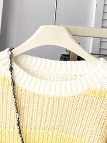 SHEIN 1pc Tween Girls' Pullover Sweater, Round Neck, Simple Classic Color Block Striped, Short Length, Versatile Casual Slouchy, Regular Thickness, Neat Hem, Tight Cuffs, Delicate Texture, Soft And Skin-Friendly, Smooth Touch - Yellow - View 4
