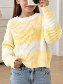 SHEIN 1pc Tween Girls' Pullover Sweater, Round Neck, Simple Classic Color Block Striped, Short Length, Versatile Casual Slouchy, Regular Thickness, Neat Hem, Tight Cuffs, Delicate Texture, Soft And Skin-Friendly, Smooth Touch - Yellow - View 5