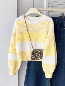 SHEIN 1pc Tween Girls' Pullover Sweater, Round Neck, Simple Classic Color Block Striped, Short Length, Versatile Casual Slouchy, Regular Thickness, Neat Hem, Tight Cuffs, Delicate Texture, Soft And Skin-Friendly, Smooth Touch - Yellow - View 1