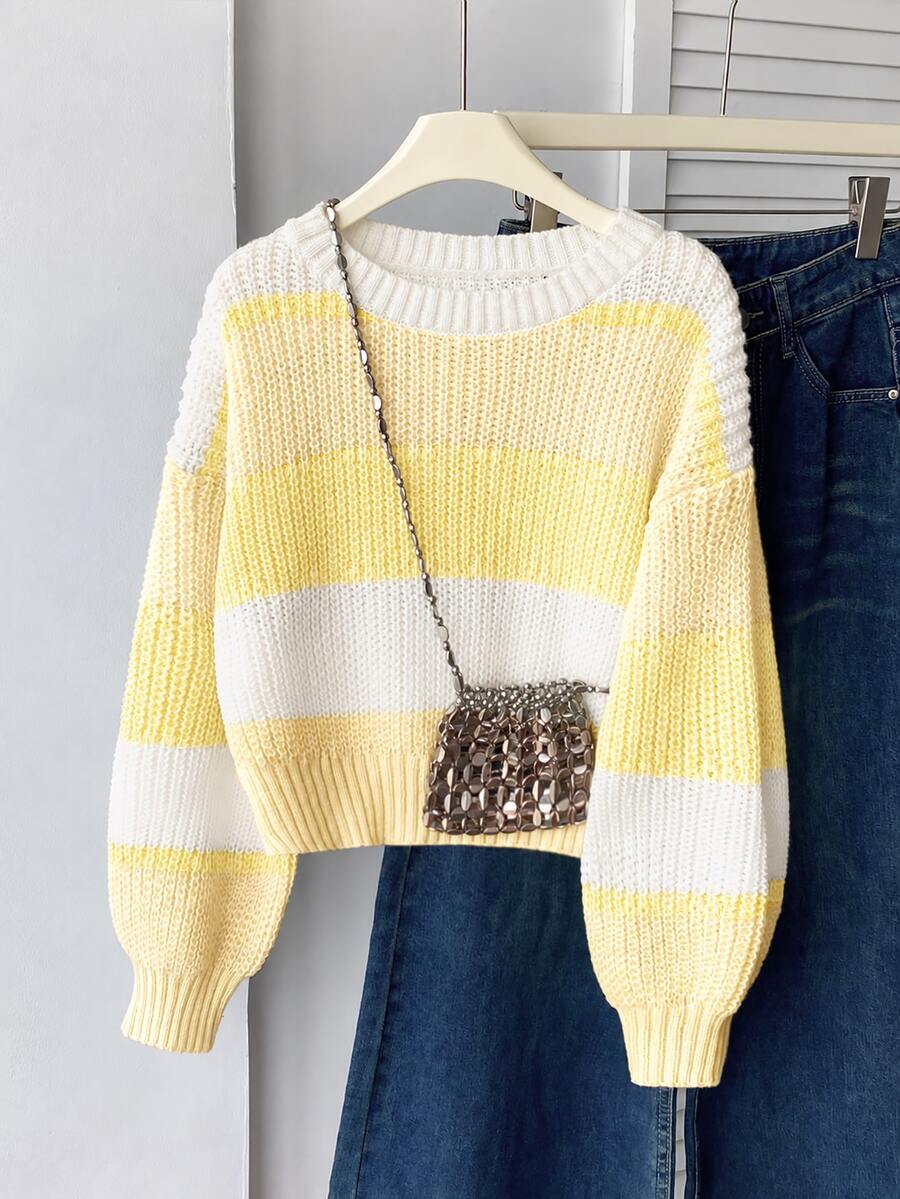 SHEIN 1pc Tween Girls' Pullover Sweater, Round Neck, Simple Classic Color Block Striped, Short Length, Versatile Casual Slouchy, Regular Thickness, Neat Hem, Tight Cuffs, Delicate Texture, Soft And Skin-Friendly, Smooth Touch - Yellow - View 1