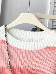 SHEIN 1件青少年女孩套頭毛衣，圓領，簡約經典配色條紋，短版，百搭休閒寬鬆，適中厚度，整齊下擺，緊口袖口，細緻紋理，柔軟親膚，觸感滑順 - 粉色 - 查看 4