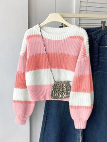 SHEIN 1件青少年女孩套頭毛衣，圓領，簡約經典配色條紋，短版，百搭休閒寬鬆，適中厚度，整齊下擺，緊口袖口，細緻紋理，柔軟親膚，觸感滑順 - 粉色 - 查看 1