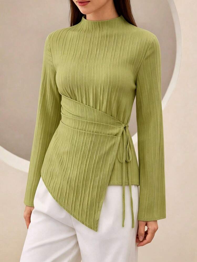 Graceveil Asymmetric Tie-Waist Half-Turtleneck Flare Sleeve Textured Shirt Teachers' Day Office Brunch Olive Green Autumn Smart Casual Casual French Elegant - Green - View 3