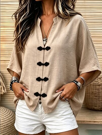 SHEIN New Chinese Style Frog Button Women's Cover Up, Stand Collar Split Neck Short Sleeve Textured Linen Blend Shirt, Vintage Oriental Traditional Frog Button Cover-Up, Loose Solid Color Beige Casual Shirt, 2026 Summer New Minimalist Elegant Daily Commute Vacation Layering Cover Up, Lightweight Versatile New National Style Women's Top