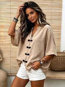 SHEIN New Chinese Style Frog Button Women's Cover Up, Stand Collar Split Neck Short Sleeve Textured Linen Blend Shirt, Vintage Oriental Traditional Frog Button Cover-Up, Loose Solid Color Beige Casual Shirt, 2026 Summer New Minimalist Elegant Daily Commute Vacation Layering Cover Up, Lightweight Versatile New National Style Women's Top - Apricot - View 6