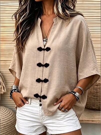 SHEIN New Chinese Style Frog Button Women's Cover Up, Stand Collar Split Neck Short Sleeve Textured Linen Blend Shirt, Vintage Oriental Traditional Frog Button Cover-Up, Loose Solid Color Beige Casual Shirt, 2026 Summer New Minimalist Elegant Daily Commute Vacation Layering Cover Up, Lightweight Versatile New National Style Women's Top