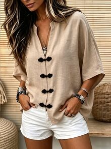 SHEIN New Chinese Style Frog Button Women's Cover Up, Stand Collar Split Neck Short Sleeve Textured Linen Blend Shirt, Vintage Oriental Traditional Frog Button Cover-Up, Loose Solid Color Beige Casual Shirt, 2026 Summer New Minimalist Elegant Daily Commute Vacation Layering Cover Up, Lightweight Versatile New National Style Women's Top - Apricot - View 7