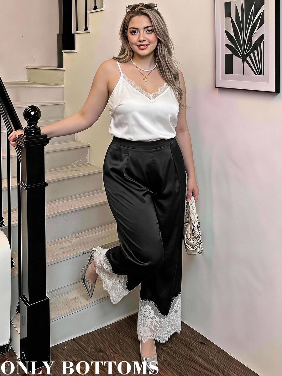 SHEIN MOD Plus Size Fashion Elegant Colorblock Lace Patchwork Pants Fall - Black and White - View 1
