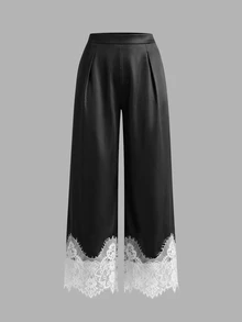SHEIN MOD Plus Size Fashion Elegant Colorblock Lace Patchwork Pants Fall - Black and White - View 5