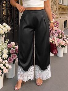 SHEIN MOD Plus Size Fashion Elegant Colorblock Lace Patchwork Pants Fall - Black and White - View 6