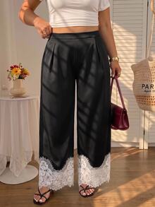 SHEIN MOD Plus Size Fashion Elegant Colorblock Lace Patchwork Pants Fall - Black and White - View 9