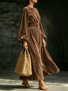 Breezaya Women's Elegant Commute Solid Color Lantern Sleeve Dress - Brown - View 8