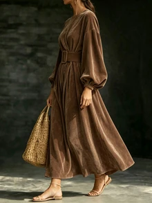 Breezaya Women's Elegant Commute Solid Color Lantern Sleeve Dress - Brown - View 4