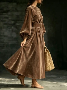 Breezaya Women's Elegant Commute Solid Color Lantern Sleeve Dress - Brown - View 7
