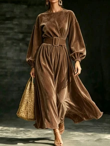 Breezaya Women's Elegant Commute Solid Color Lantern Sleeve Dress - Brown - View 1
