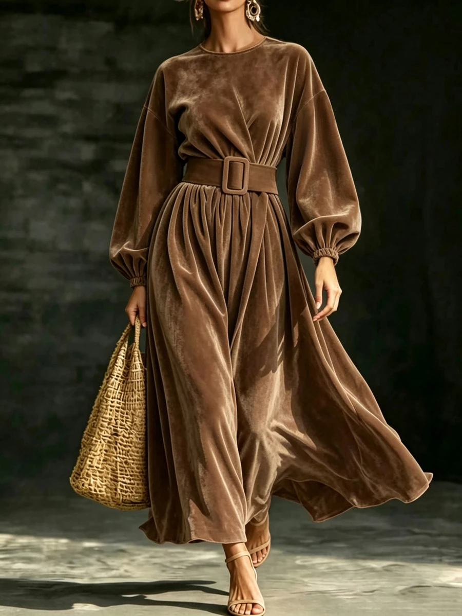 Breezaya Women's Elegant Commute Solid Color Lantern Sleeve Dress - Brown - View 1