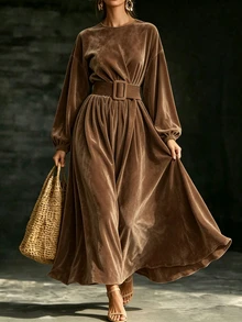 Breezaya Women's Elegant Commute Solid Color Lantern Sleeve Dress - Brown - View 5